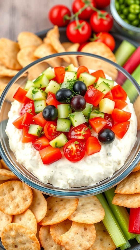 Three-Layer Feta Dip Recipe Three-layer feta dip with feta cheese, cucumbers, tomatoes, and olives, served with pita chips and vegetables.